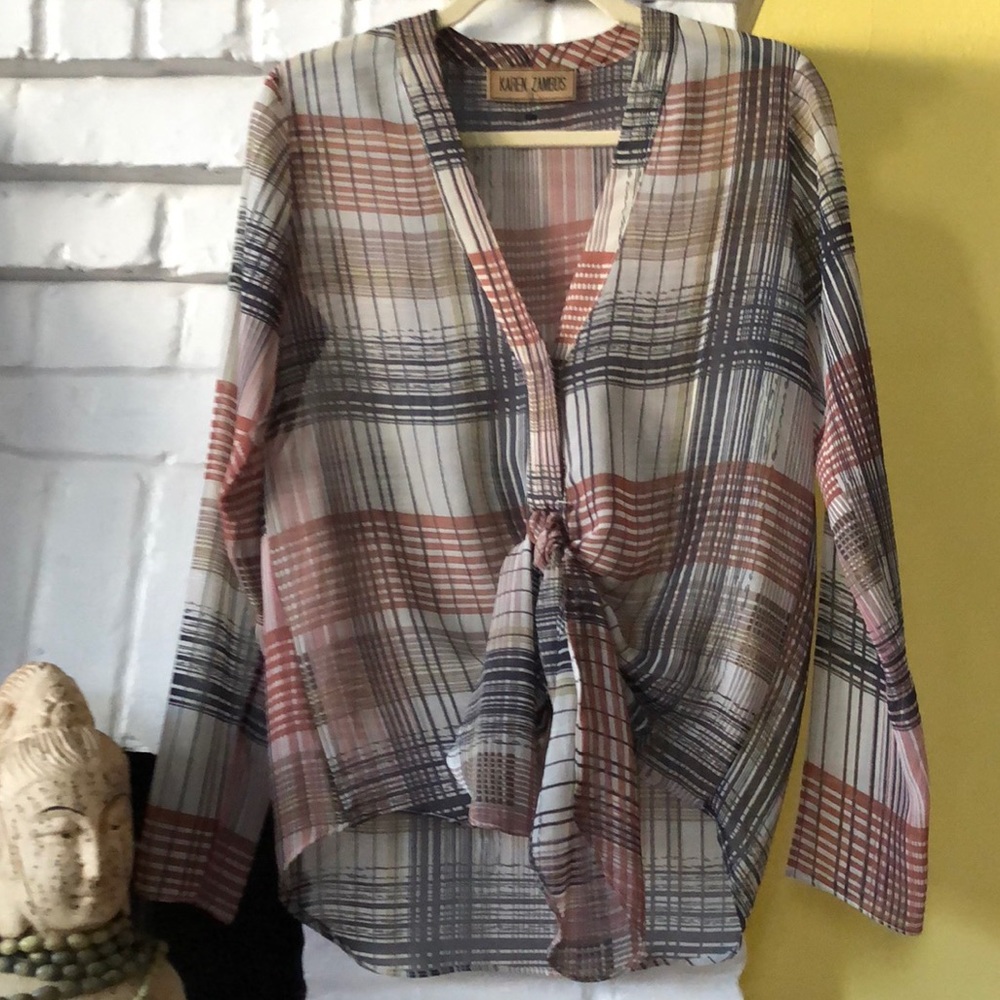 (NWOT) Karen Zambos plaid chiffon tie blouse SM - Picture 1 of 7